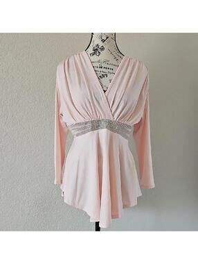 Venus Long Sleeve Light Pink Babydoll Top with Rhinestone Waist Detail, Size L
